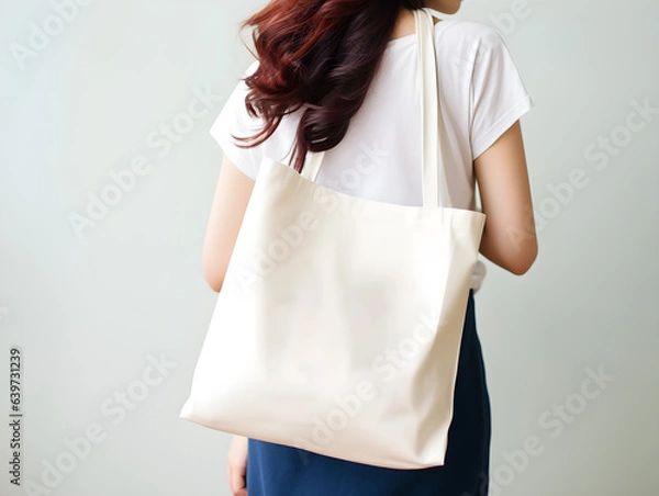 Fototapeta Woman holding white blank tote bag for mockup template. Design tote bag mock-up, print presentation mock-up. AI generated.