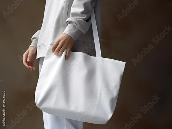 Fototapeta Man holding white blank tote bag for mockup template. Design tote bag mock-up, print presentation mock-up. AI generated.