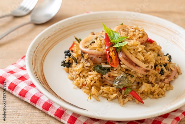 Obraz Basil and Spicy Herb Fried Rice with Squid or Octopus