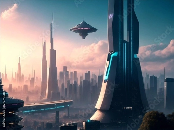 Obraz Flying Saucer over Futuristic City: A Mysterious and Intriguing Image