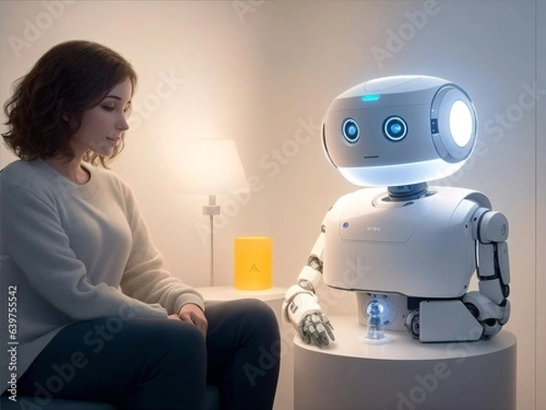 Obraz A robotic therapist with a personalized, human-like face, surrounded by a warm, comforting light.