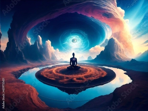 Obraz An energetic aura of light emanates from the figure, which is a vivid, abstract representation of a person's inner thoughts as they engage in neurofeedback meditation.