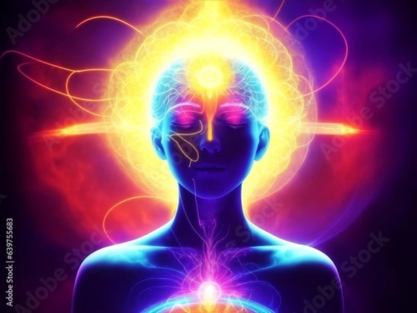 Fototapeta A vivid, abstract representation of a person's inner thoughts, with a glowing aura of energy radiating from the figure as they practice neurofeedback meditation.