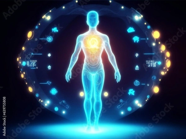 Obraz A stylized image of a person surrounded by a glowing aura of AI-driven personalized wellness plans, with a focus on the individual's journey to health and wellbeing.