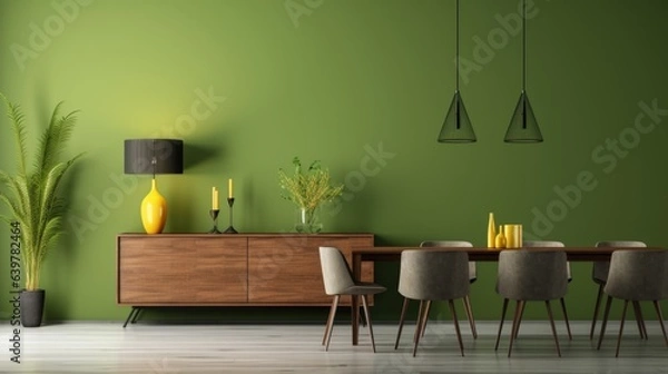 Fototapeta Interior design of modern dining room, wooden table and yellow chairs against green wall with sideboard, 3d rendering