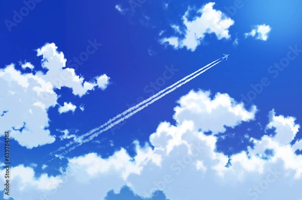 Obraz 青空と飛行機雲　背景イラスト