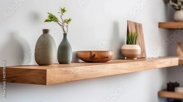 Fototapeta Wood floating shelf on white wall. Storage organisation for home. Interior design of modern living room. Created with Generative AI technology.