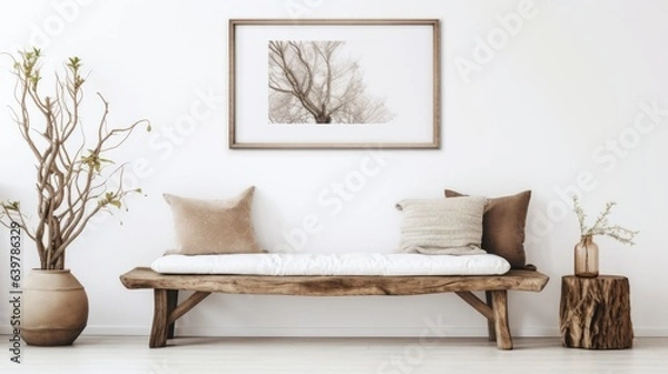 Fototapeta Rustic old wood log bench near white wall with art poster frame. Boho interior design of modern living room in farmhouse