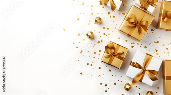 Obraz Christmas background with balls and gift box with top view
