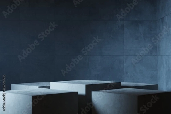 Fototapeta Interior dark room, hangar with concentrate wall and floor, fog and mist environment. 3d render. 