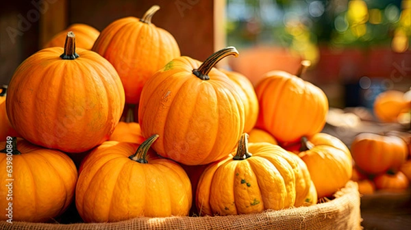 Fototapeta pumpkins in a basket in the counter of a blurred backround of a street market