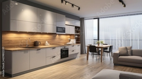 Fototapeta Modern Minimal Apartment Interior with Kitchen and Living Room. Postprocessing Generative AI.