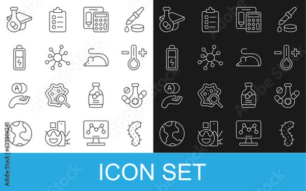 Fototapeta Set line Virus, Medicine pill, Thermometer, Calculator, Molecule, Battery, Graduation cap and Experimental mouse icon. Vector