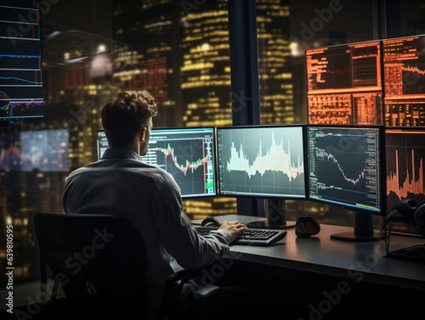 Fototapeta A man works at computers