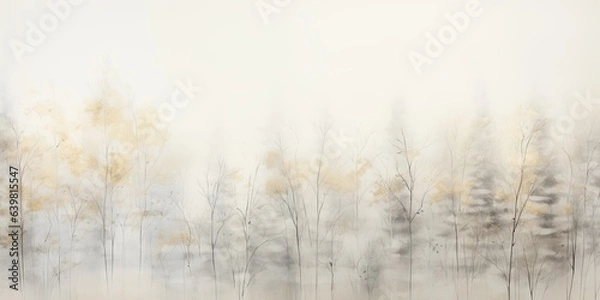 Obraz Misty mood in the winter forest. Gold, grey, brown beige ink trees illustration. Romantic and mourning landscape for seasonal or condolence greettings.