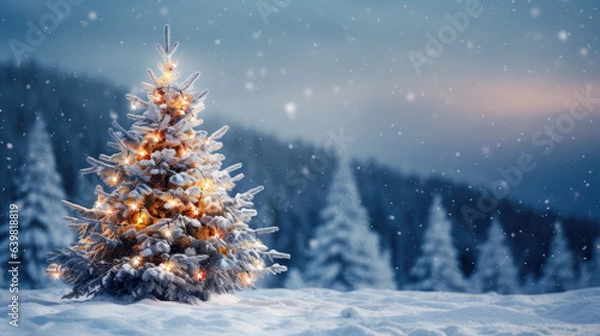 Fototapeta Christmas scene with a gift box and ribbon, candles, lights, baubles, balls and snow, generative AI.