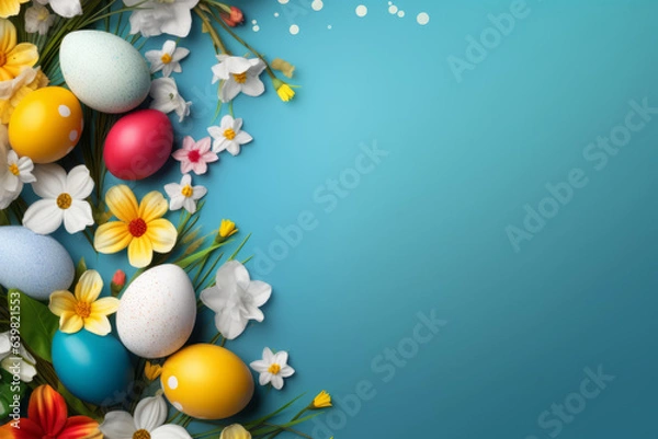 Fototapeta Easter greeting card, with Easter eggs and flowers, with space for text