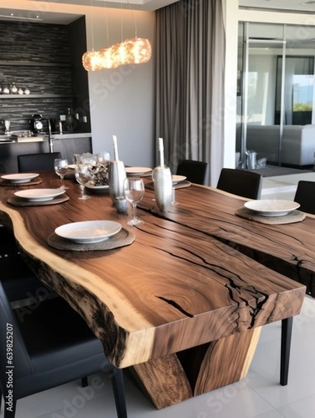 Fototapeta Rustic live edge dining table made from wooden logs. Interior design of modern dining room