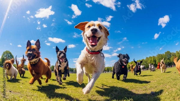 Fototapeta A lively and colorful image of a dog park on a sunny day, with dogs of various breeds playing and running freely. Wide angle