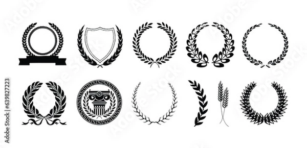 Fototapeta Set of Wreaths and Branches With Leaves. Hand Drawing Laurel Wreaths and Branches Collection. Laurel Wreaths, Swirls, Twigs and Flower Ornaments. Herbs, Flowers and Plants Design Elements.