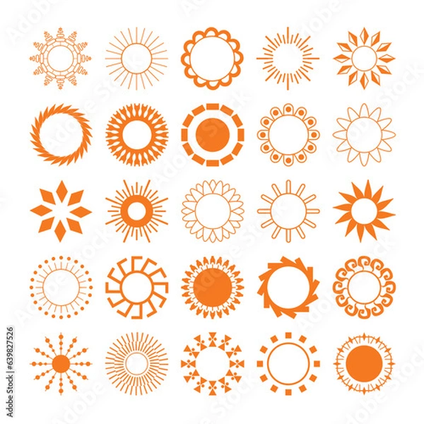 Fototapeta Vector set of sun and sunburst icons. Different types of sun drawing collections. Summertime figure concept. Icons set.