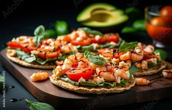 Obraz Puffed rice cakes topped with shrimp, avocado, and cherry tomatoes. A healthy seafood snack served on crispbread, with a diet food concept and organic basil. Generative AI 