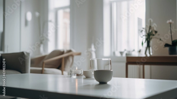 Fototapeta Copy space on a white tabletop in a modern white living room room.