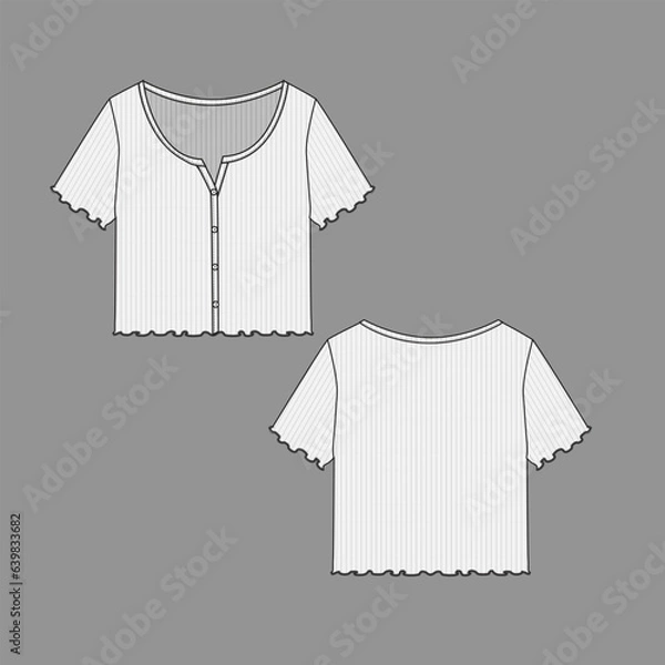 Fototapeta Women Lettuce hem Ribbed Crop Top henley full open button panel placket t shirt blouse flat sketch technical drawing template design vector