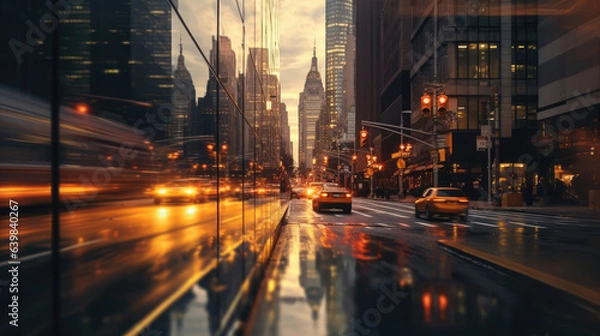 Fototapeta Motion blurred traffic lights on city streets at night time with city lights. Generative AI.