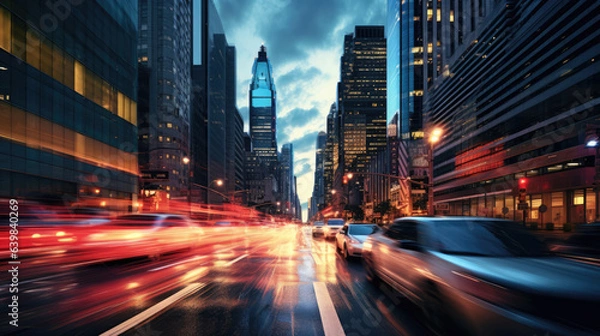 Fototapeta Motion blurred traffic lights on city streets at night time with city lights. Generative AI.