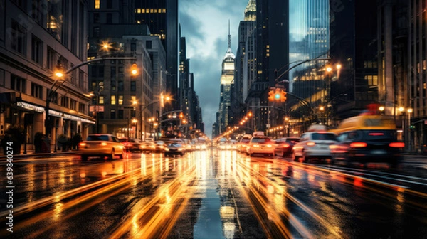 Fototapeta Motion blurred traffic lights on city streets at night time with city lights. Generative AI.