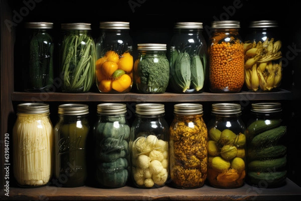 Obraz Jars neatly arranged in the kitchen pantry, filled with assorted legumes, foods, and pickles, creating an organized and vibrant culinary display. Generative AI