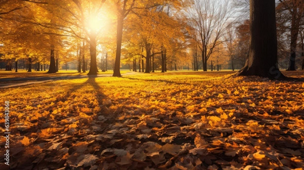Fototapeta Autumn, Golden autumn scene in a park, with falling leaves, the sun shining through the trees and blue sky. morning sunlight. Generative Ai