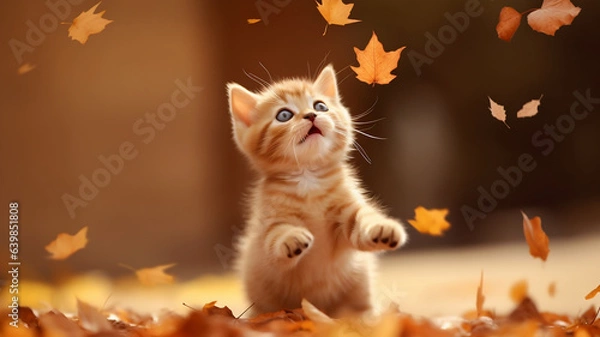 Obraz Little red kitten playing with fall leaves