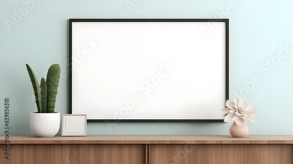 Fototapeta Blank picture frame mockup on a wall. Horizontal orientation. Artwork template in interior design generated by AI.