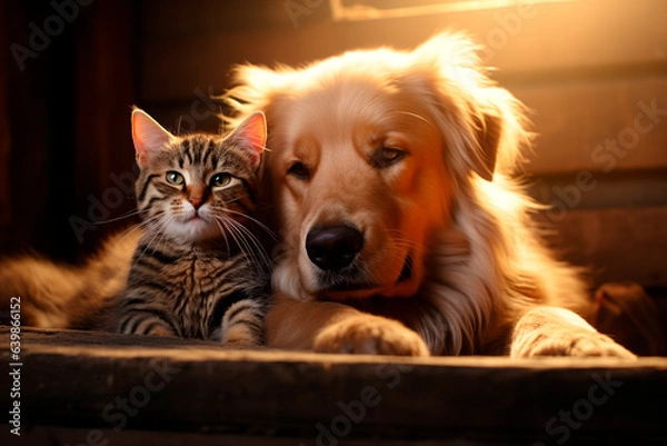 Fototapeta Golden retriever and a tabby cat, two friends