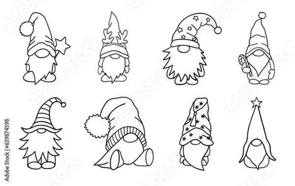 Obraz Set of little gnomes. Funny bearded garden dwarves. Cute christmas elves with beard, mustache and hat. Line vector illustration