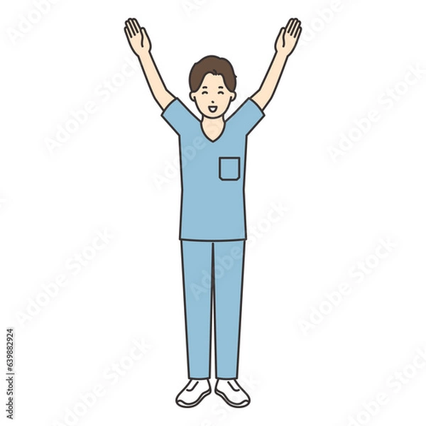 Fototapeta 万歳をする看護師の男性のイラスト