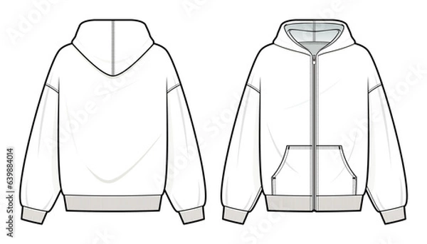 Obraz Zip-Up Hoodie fashion flat technical drawing template. Zip-Up Hoodie technical fashion illustration. front and back view. oversized. drop shoulder. unisex. white color. CAD mockup.