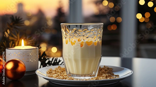 Obraz Glass mug of pumpkin spice late or eggnog in a festive, cozy and winter Christmas atmosphere. Home feeling mood.