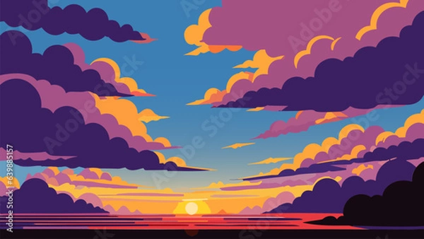 Obraz Painting of a sunset with clouds and a sun setting in the distance with a blue sky and a red sun, colorful clouds, vector art, color field. Cartoon anime background. Vector illustration.