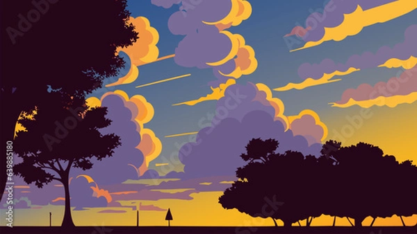 Obraz Painting of a sunset with clouds and trees in the foreground and a clock tower in the distance, colorful clouds, an ultrafine detailed painting, american scene painting. Cartoon anime background.