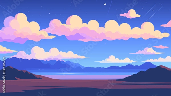 Obraz Painting of a mountain range with a lake and clouds in the background and a bird flying in the sky, plain background, a matte painting, space art. Cartoon anime background.