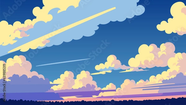Obraz Painting of a sky with clouds and a plane in the sky above it with a blue sky and yellow clouds, vector art, space art. Cartoon anime background.