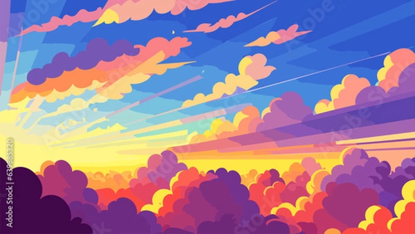 Obraz Painting of a sunset with clouds and sunbeams in the sky and a blue sky with clouds, colorful clouds, a storybook illustration, color field. Cartoon anime background.