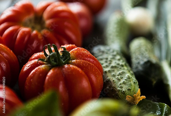 Obraz ripe fresh tomatoes and cucumbers of different varieties
