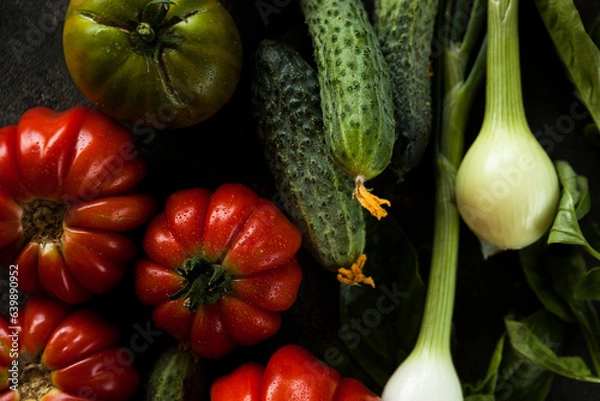 Obraz ripe fresh tomatoes and cucumbers of different varieties