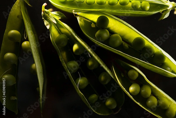Obraz ripe green pea pods on a dark background