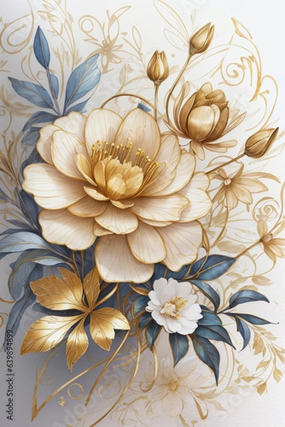 Fototapeta Spring floral in watercolor background. Luxury wallpaper design with flowers, line art, golden texture. Elegant gold blossom flowers illustration suitable for fabric, prints, cover, vivid flowers, lea