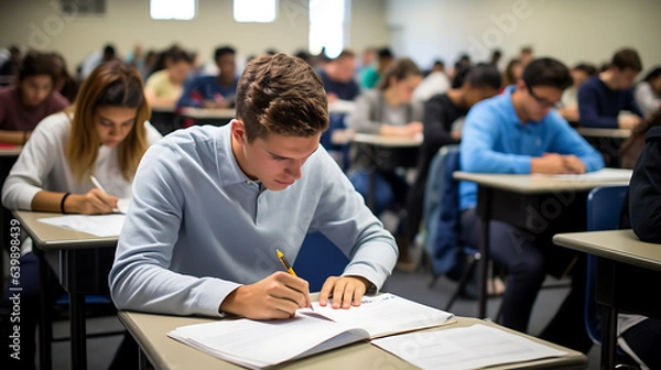 Obraz Group of students is taking exams on a subject in the class. Created with Generative AI technology.